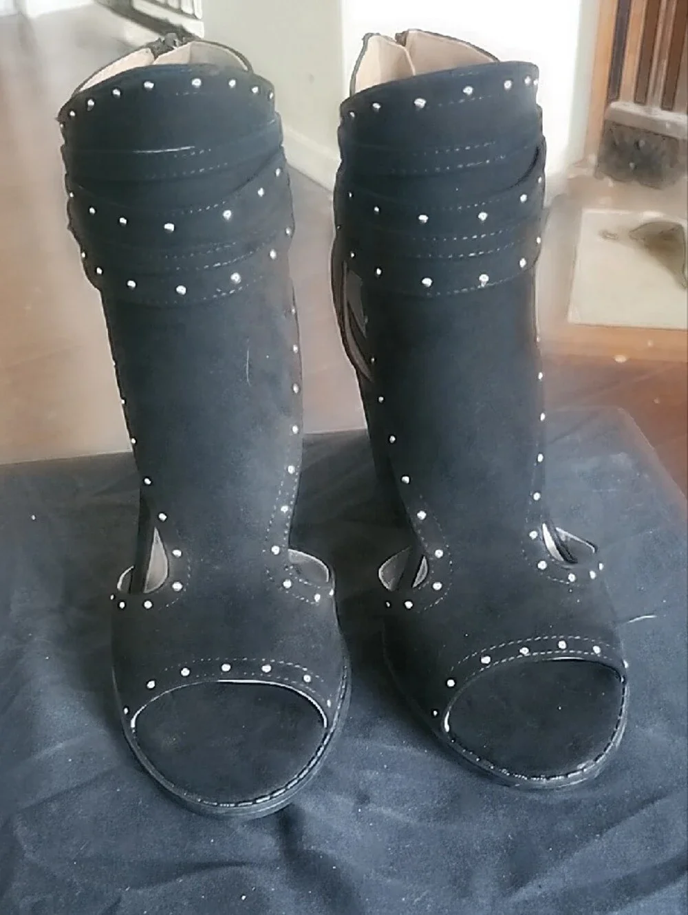 Cupid Black Studded Block Heel Sandals with Buckle Accent